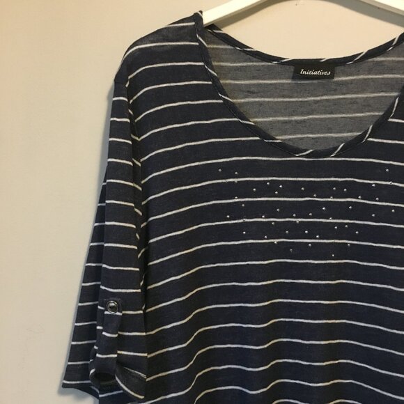 Canadian Rhinestone Collar Half Sleeve Distressed Rayon Striped Top - Picture 3 of 16